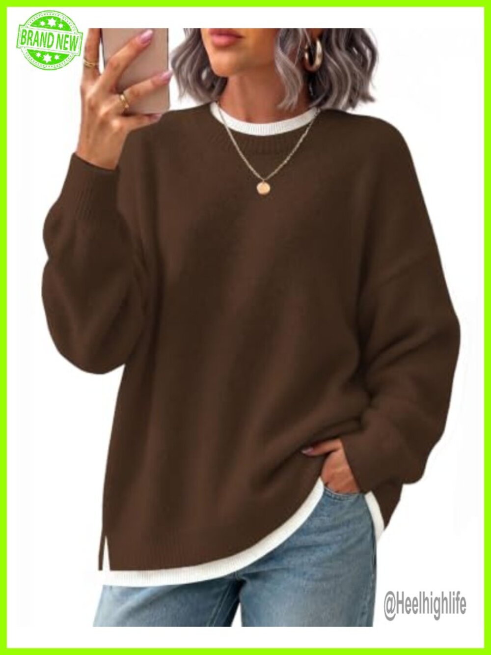 Womens Oversized Sweaters Knit Pullover Mock Layer Faux Two Piece Tops
